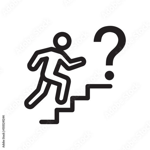 Man Running Up Stairs Surrounded by Question Marks