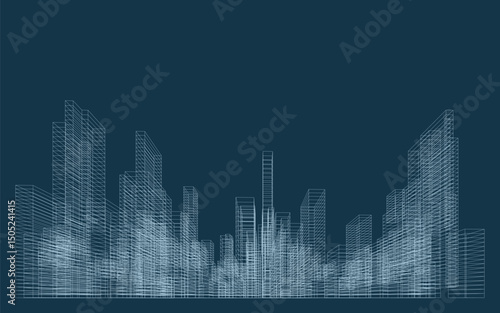 3D wireframe perspective of building. Abstract wireframe city background for template design. Vector illustration.