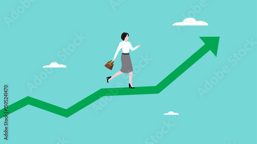 business growth followed by a lot of income for career success and financial freedom, affiliate marketing growth, profit performance, businesswoman running up on business growth graph concept