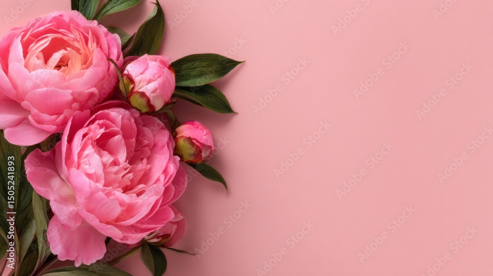 Fototapeta premium Pink flowers with green leaves are arranged in a circle on a pink background