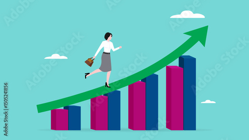 business growth followed by a lot of income for career success and financial freedom, journey to career success or business growth, profit performance, businesswoman running up on growth graph
