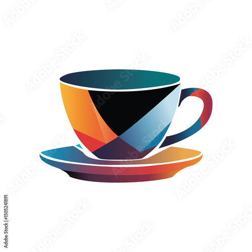 Colorful abstract tea cup and saucer illustration in modern geometric style on white background