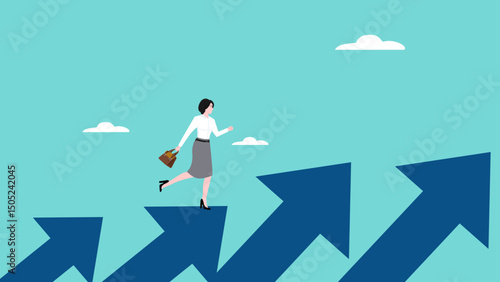 success step to achieve business goal, the way to achieve goal, business growth followed by a lot of income for career success and financial freedom, businesswoman running up the upward arrow concept