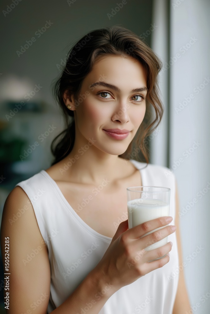 Young caucasian female holding glass of milk in bright kitchen setting Young caucasian female holding glass of milk in bright kitchen setting