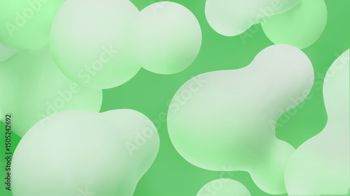 Green liquid blobs set. Abstract colored spheres in flight. Organic liquid shapes flying. . Flowing morphing molecular particles design Vector 3d illustration