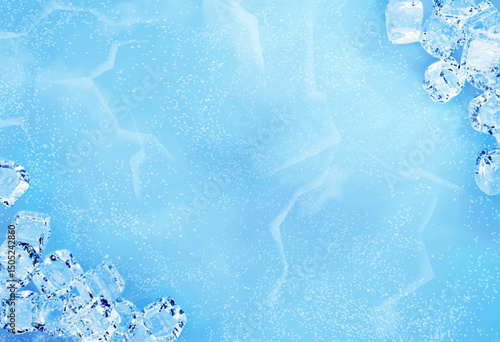 Surface of winter ice blue background. Abstract frozen water ice cubes Iced texture. Icy crystals, Frosty cracked winter wallpaper 3d illustration