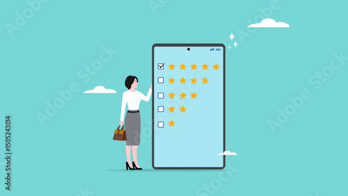 survey evaluation of work result, good rating from customers, evaluate opinions from customers, five star rating, woman standing aside big smart phone with five stars ratting vector illustration
