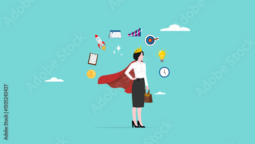 multitalented worker, multiple project management concept illustration, juggle multiple project concept, professional businesswoman manage multiple project at the some time vector illustration