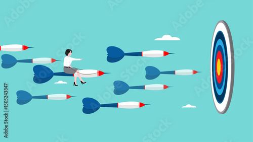 business or marketing target strategy, aim the target audience, introduce products or promotions to the right target audience, businesswoman control dart to reach perfect target