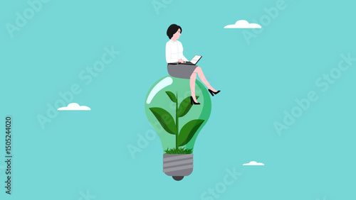 sustainable business, industry using environmentally friendly energy or renewable energy, ESG, environmental social and governance, businesswoman working with computer on green sustainable light bulb,