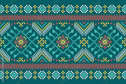 Cross stitch pattern concept showcasing traditional ethnic geometric pattern, Design for textile, background,carpet,wallpaper,clothing,wrapping,Batik,fabric,Vector illustration	
