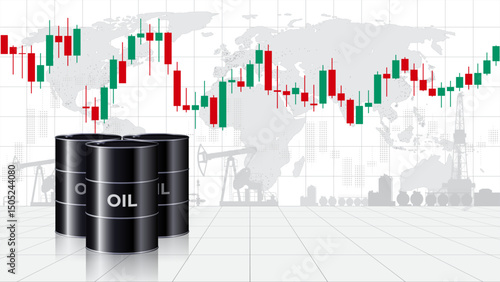 Oil price chart per barrel. Crude oil barrels on world map sketch background. Stock market trading graph chart. Volatility analysis of energy markets. Influence of economic insiders. Vector