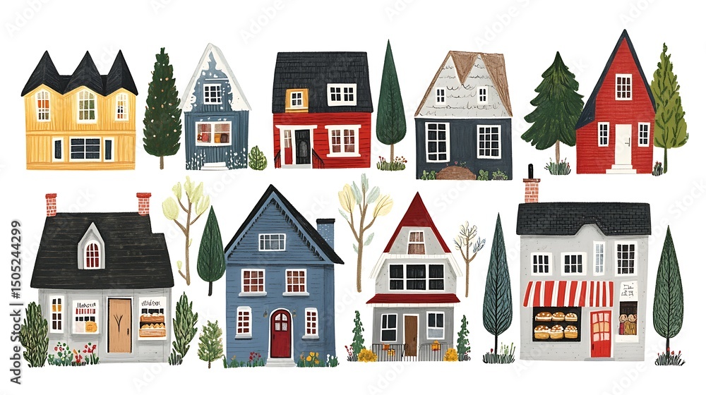 Array of Pixelated Houses with Varied Architectural Styles and Decorative Trees against a White Background Array of Pixelated Houses with Varied Architectural Styles and Decorative Trees against a White Background