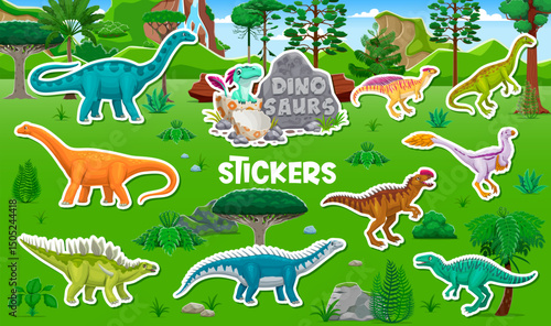Stickers pack of prehistoric dinosaur and reptile characters. Cartoon dino animals and baby in egg on green grass vector background. Funny kentrosaurus, datousaurus and anchisaurus dinosaurs stickers