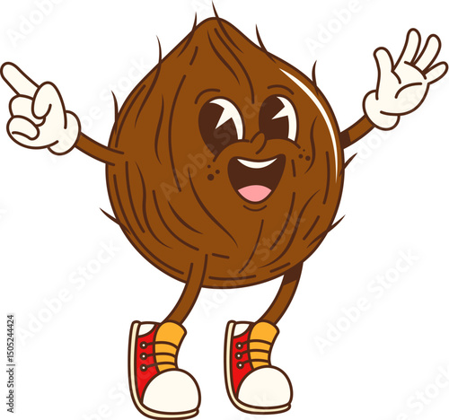 Cartoon groovy coconut nut character with funny face and happy smile, vector comic emoji. Groovy coconut nut jumping up with cool gesture for funky emoji or legume seed and food cartoon character