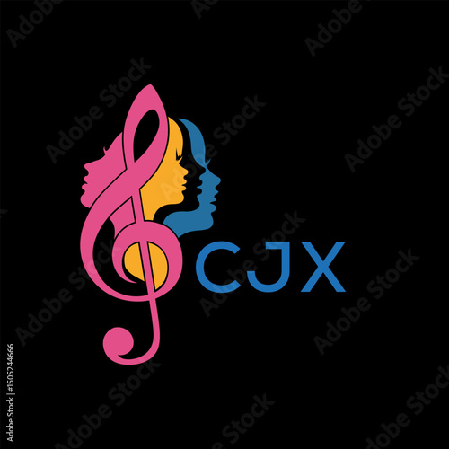 Music and Woman Faces Logo  Vibrant Treble Clef Design . CJX Letter log . Creative Feminine Music Logo Treble Clef with Silhouette.
