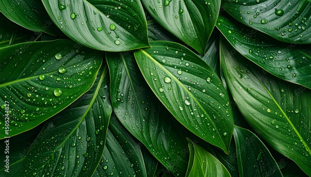 Fototapeta premium Fresh dew on overlapping green leaves, rich macro texture and tropical feel
