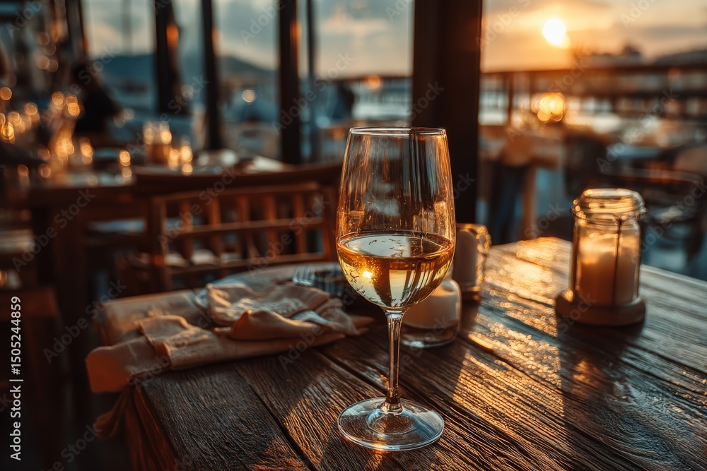Obraz premium Elegant dining experience with sunset view at a waterfront restaurant during golden hour