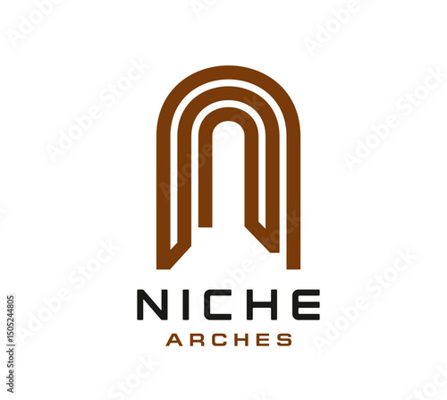 Niche arch icon, conveying sophistication and structural aesthetics. Vector modern and minimalist emblem featuring an archway in warm brown tones, representing antique architecture and boho design