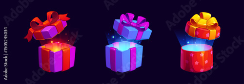 Gift box game icons, cartoon vector surprise boxes with glowing light. Open present containers with decorative ribbons and magical energy inside. Round and square festive packs with sparkle and shine