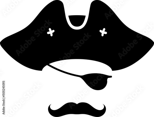 Pirate photo booth mask of captain with tricorn hat, moustaches and black eyepatch. Isolated vector corsair sailor face complete with eye patch and cocked hat, swashbuckling skipper costume template