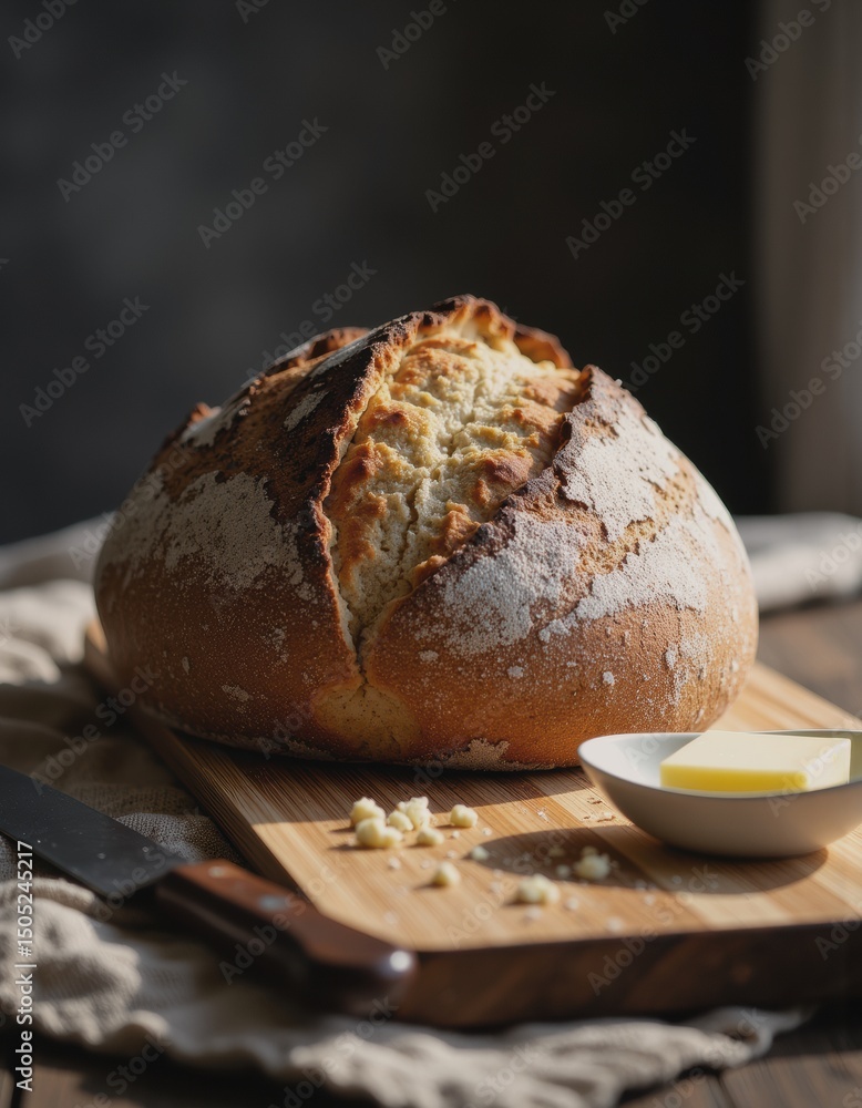 Freshly baked loaf of bread on a wooden cutting board with butter Freshly baked loaf of bread on a wooden cutting board with butter
