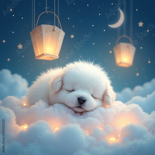 Cute Puppy Sleeping on Soft Clouds Under Glowing Lanterns and Starry Sky