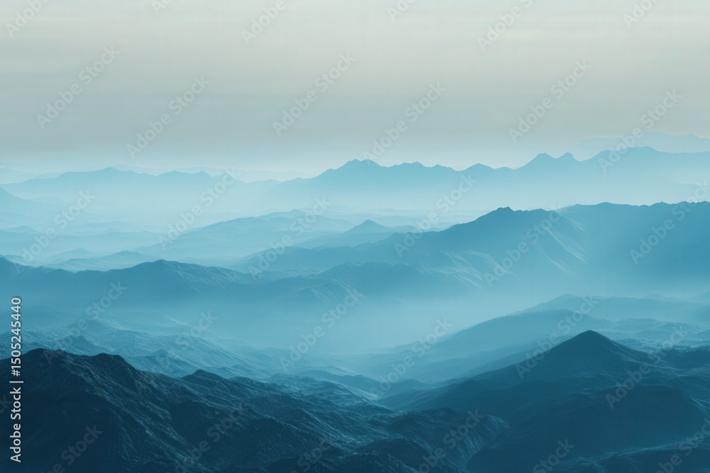 Obraz premium Misty mountain range layered in shades of light blue