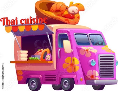 Cartoon street food truck with Thai cuisine for vintage festival foodtruck, vector car van. Asian fast food truck or street food booth or mobile kiosk with Thai dish bowl signage for meals vendor