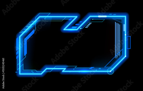 Neon frame for HUD interface overlay and game asset template, vector UI element. Digital screen neon frame for HUD game GUI asset or future tech control panel interface and display message box frame
