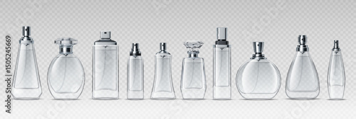 Cosmetic glass bottle mockups of realistic perfume and fragrance spray, vector set. Transparent glass bottles of perfume atomizer with silver metal caps and crystal lids for perfumery cosmetic mockups