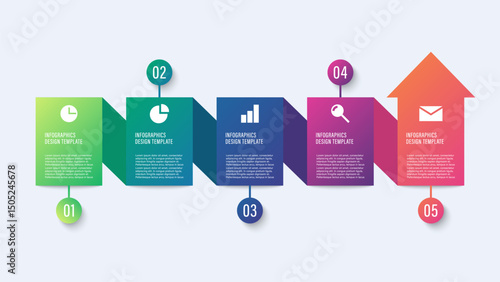 Arrow up vector infographic template. Five steps process with business icons and data