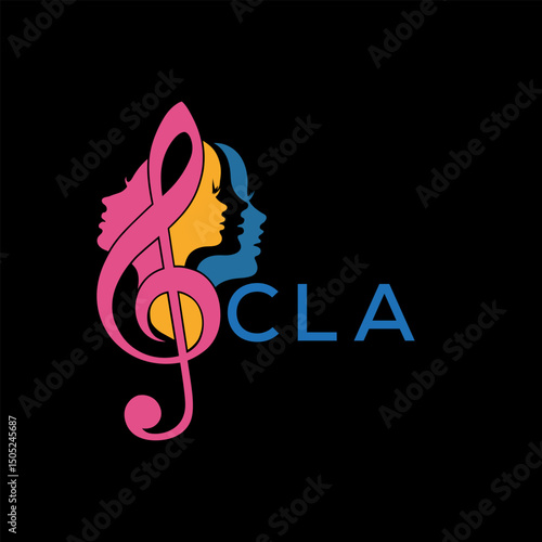 Music and Woman Faces Logo  Vibrant Treble Clef Design . CLA Letter log . Creative Feminine Music Logo Treble Clef with Silhouette.

