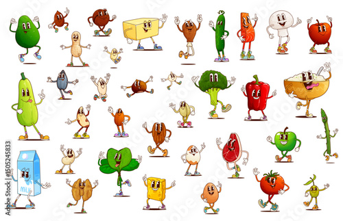 Groovy breakfast food, vegetables and nuts characters. Cartoon milk box, cereals, egg and cheese morning meal vector personages. Retro groovy fish, meat, beans and seeds, fresh veggies and olives
