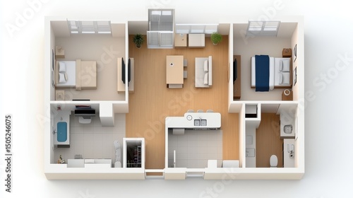 Two Bedroom Apartment Floor Plan 3D Rendering Modern Home Interior Design