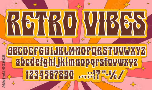 Retro groovy funky type, hippy psychedelic font, hippie typeface, 60s vintage alphabet letters and numbers on funky color swirl vector background. Retro psychedelic alphabet font with bold characters