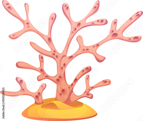 Underwater cartoon seaweed algae and coral reefs. Cartoon vector pink oceanic plant with rounded holes, organic branching structure, resting on a sandy yellow base. Marine underwater aquatic flora