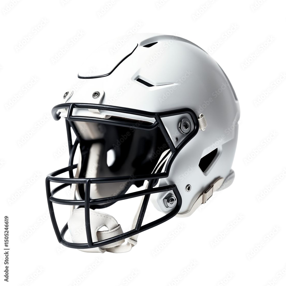 Naklejka premium High-angle, detailed view of a plain white football helmet, showcasing the black facial guard.