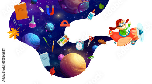 Kid pilot in space sky with school supplies wave flying on plane, cartoon vector background for education. Happy kid pilot or aviator in airplane with school book and ruler, pencil and galaxy planet