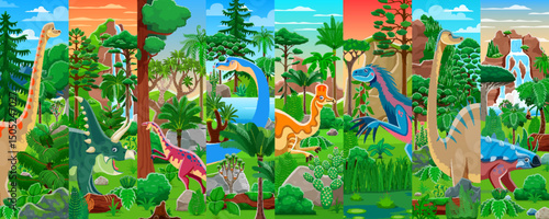 Cartoon prehistoric dinosaur characters in jungle forest vector collage. Cute brachiosaurus, diplodocus, chasmosaurus and corythosaurus dinosaurs characters at jurassic nature landscape background