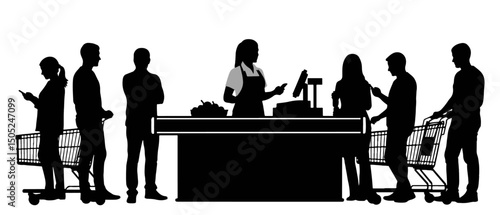 Silhouette of people waiting in line at a grocery store checkout.
