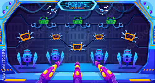 Robot hunting carnival shoot game, amusement park shooting range gallery. Vector indoor arcade shooting game interface featuring futuristic robotic targets, displays immersive machinery arrangements
