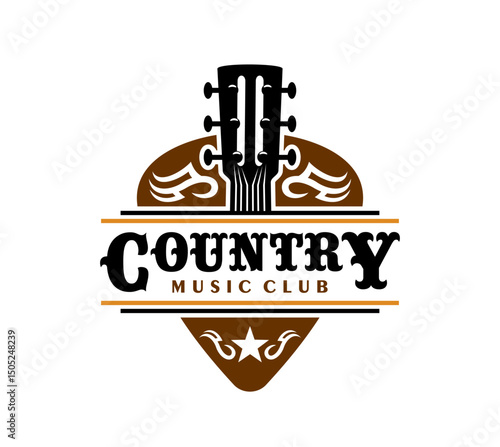 Country music club icon of guitar with star and Western font for saloon bar, vector badge. Country music club sign of guitar neck on pick for musical band concert, saloon and recording studio label