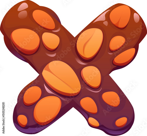 Dessert font type, bakery pastry cookie typeface for sweet candy or confectionery, cartoon vector. English alphabet sweet dessert font of letter X type as chocolate biscuit cookie with peanuts