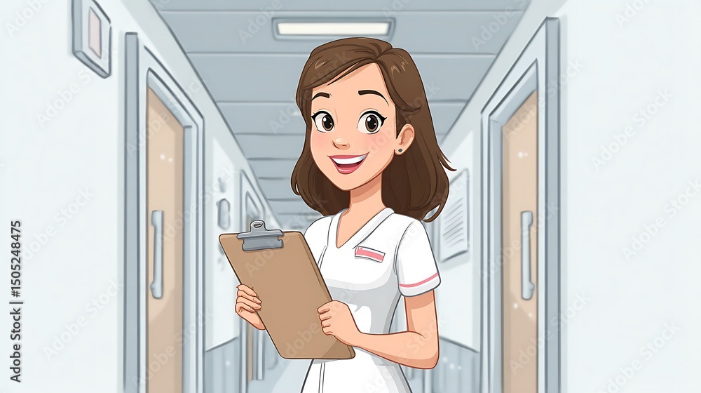 Female Nurse Holding Clipboard Smiling Cheerfully in Hospital Corridor Illustration. Female Nurse Holding Clipboard Smiling Cheerfully in Hospital Corridor Illustration.