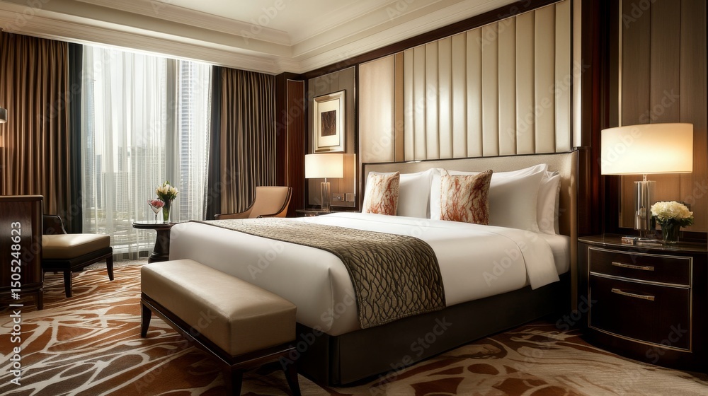 A luxurious king-size bed with plush pillows and a stylish headboard in a modern hotel room A luxurious king-size bed with plush pillows and a stylish headboard in a modern hotel room