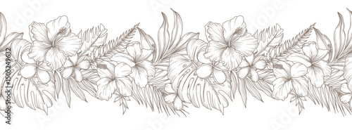 Floral border with blooming tropical flowers, branches and leaves. Seamless horizontal background with beautiful hand drawn garland exotic plants in line art style. Vector vintage illustration
