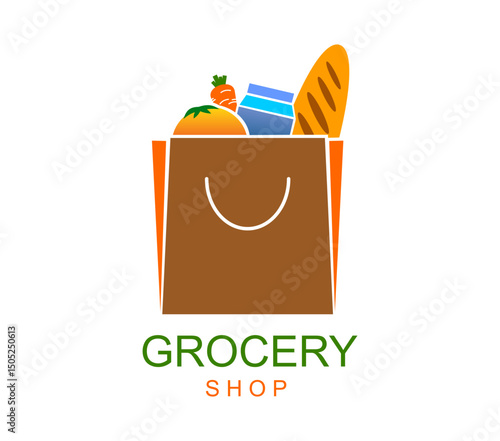Grocery shop icon of shopping paper bag with food products for supermarket, vector sign. Grocery store or farm market shop emblem of bag with baguette bread, milk pack, fruits and vegetables
