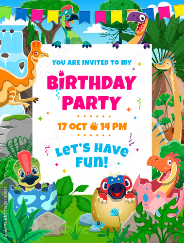 Kids birthday party flyer with funny cartoon dinosaurs at prehistoric landscape. Vector holiday invitation poster with adorable reptiles of Jurassic era welcoming children to festive event celebration