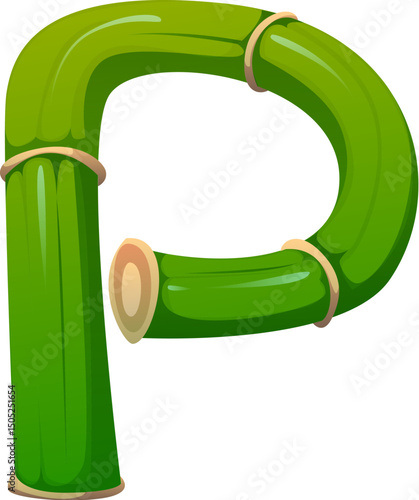 Asian nature bamboo piece font letter P. Jungle tree font symbol, Asian forest plant isolated cartoon vector English alphabet typeface letter. Japan garden bamboo and eco ABC typeset element